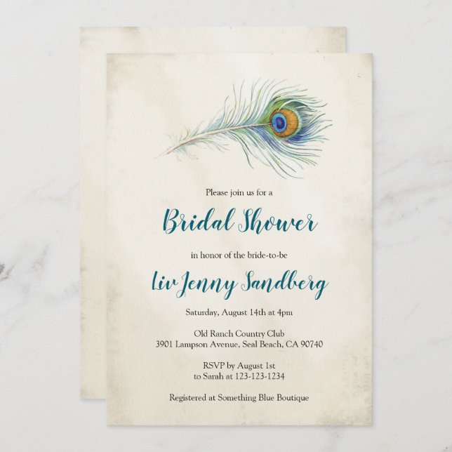 Bohemian Peacock Feather Teal Bridal Shower Invitation (Front/Back)