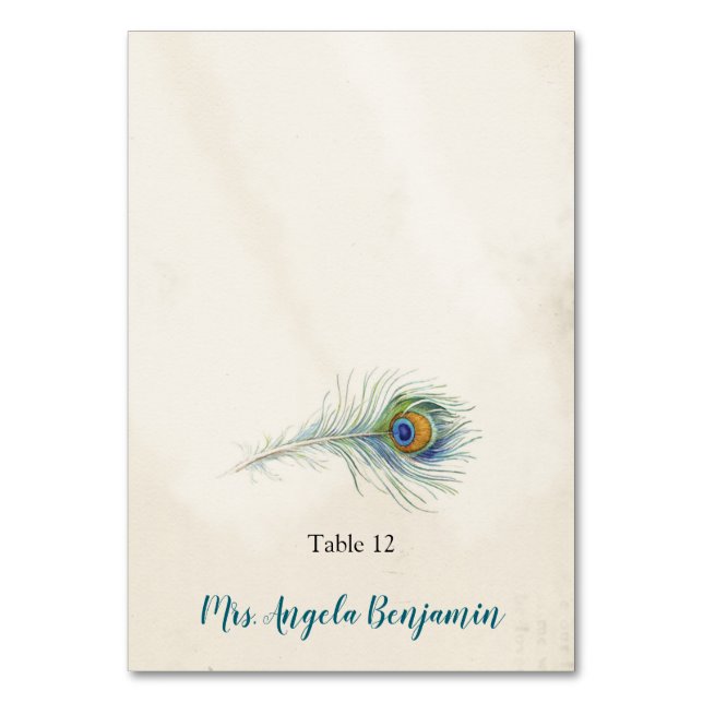 Bohemian Peacock Feather Vintage Teal Place Card (Front)