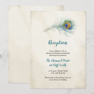 Bohemian Peacock Feather Wedding Reception Card