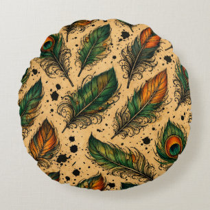 Bohemian Peacock Feathers Pattern Round Cushion