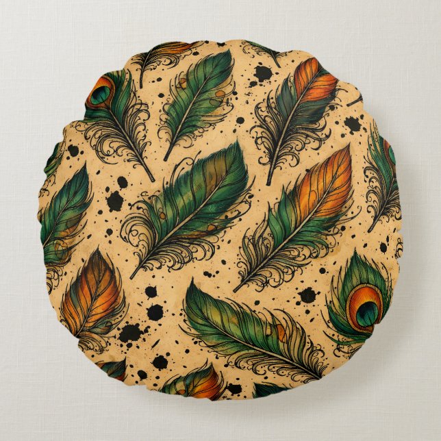 Bohemian Peacock Feathers Pattern  Round Cushion (Front)