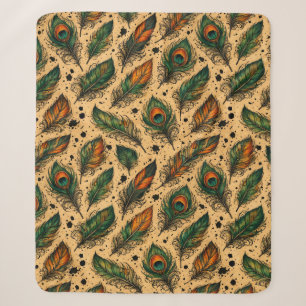 Bohemian Peacock Feathers Pattern Sherpa Blanket