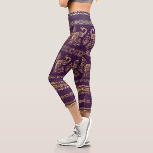 Bohemian peacock purple and gold elegant capri leggings