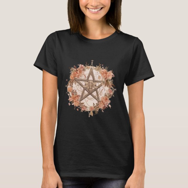 Bohemian Pentagram Floral Pagan Witch Halloween T-Shirt (Front)