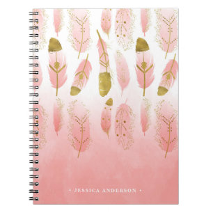 Bohemian Pink and Gold Feathers Ombre Notebook