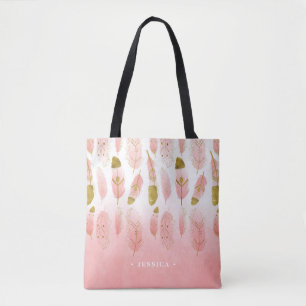 Bohemian Pink and Gold Feathers Ombre Personalised Tote Bag