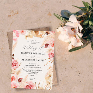Bohemian Pink & Beige Floral Pampas Grass Wedding  Invitation