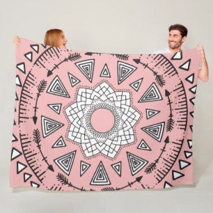 Bohemian Pink Black Tribal Aztec Hipster Mandala Fleece Blanket