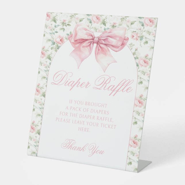 Bohemian pink bow baby girl shower diaper raffle pedestal sign (Front)