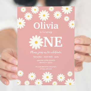 Bohemian Pink Daisy Floral 1st Birthday Party Invitation