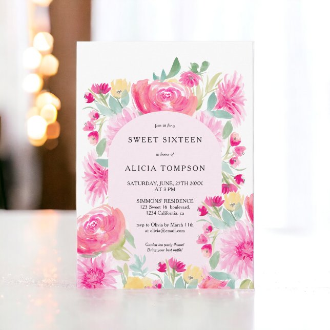 Bohemian pink floral arch chic Sweet 16 Invitation (Bohemian pink floral arch chic Sweet 16 Invitation)