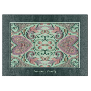 Bohemian Pink Floral Hearts on Teal Glass Cutting Board