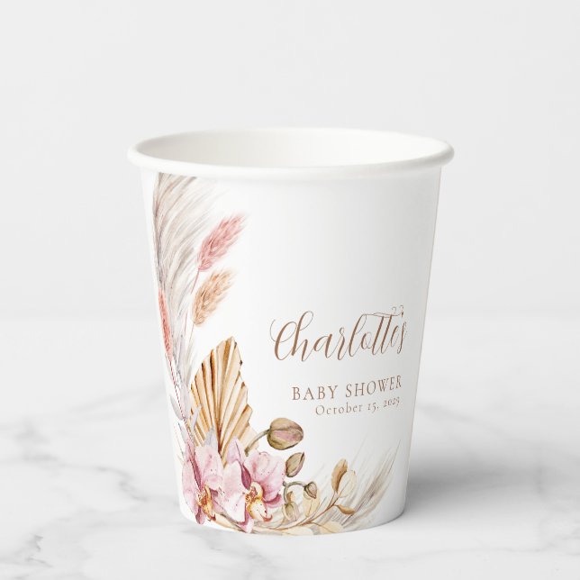 Bohemian Pink Floral Pampas Grass | Baby Shower  Paper Cups (Back)