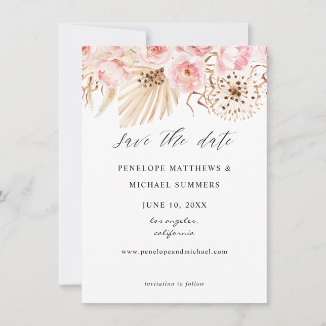 Bohemian Pink Floral Save The Date (Front)