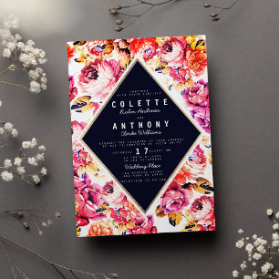 Bohemian pink orange roses floral wedding invitation