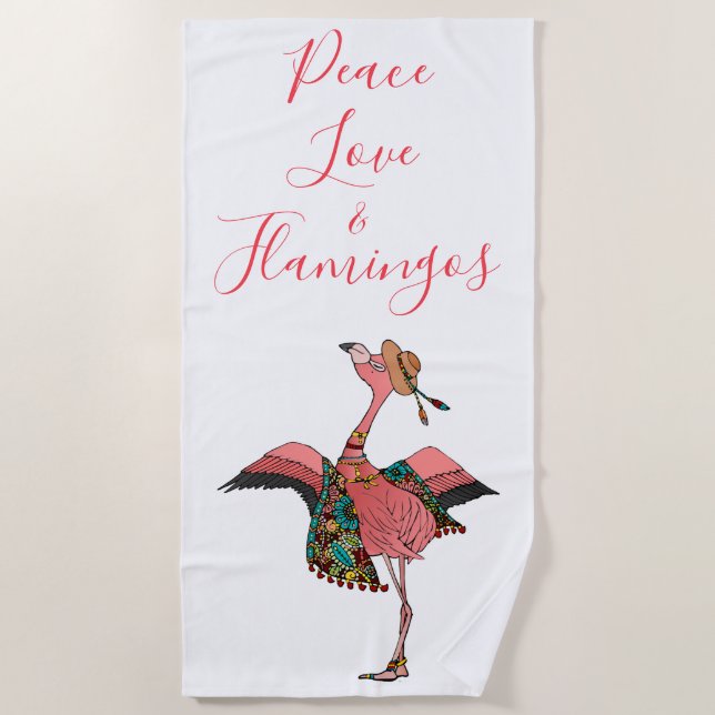 Bohemian Pink Peace Love and Flamingos Beach Towel (Front)