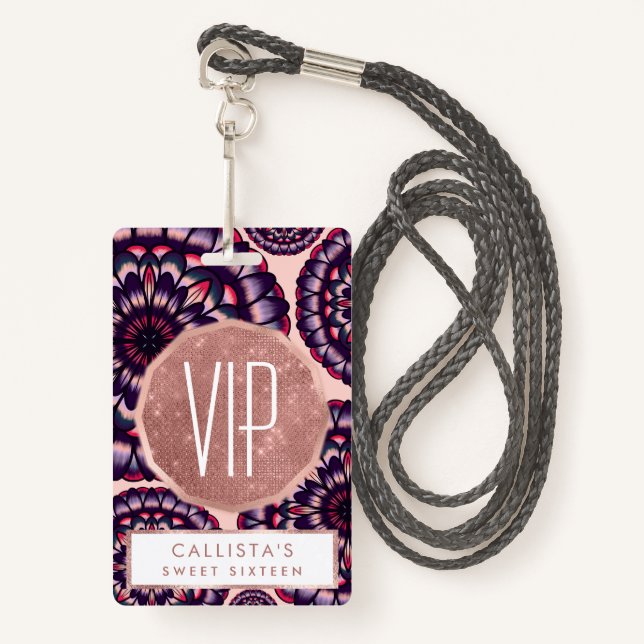 Bohemian Pink Purple Painted Acrylic Flowers ID Badge (Front with Lanyard)