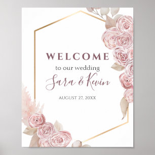 Bohemian Pink Roses and Golden Wedding Welcome Poster