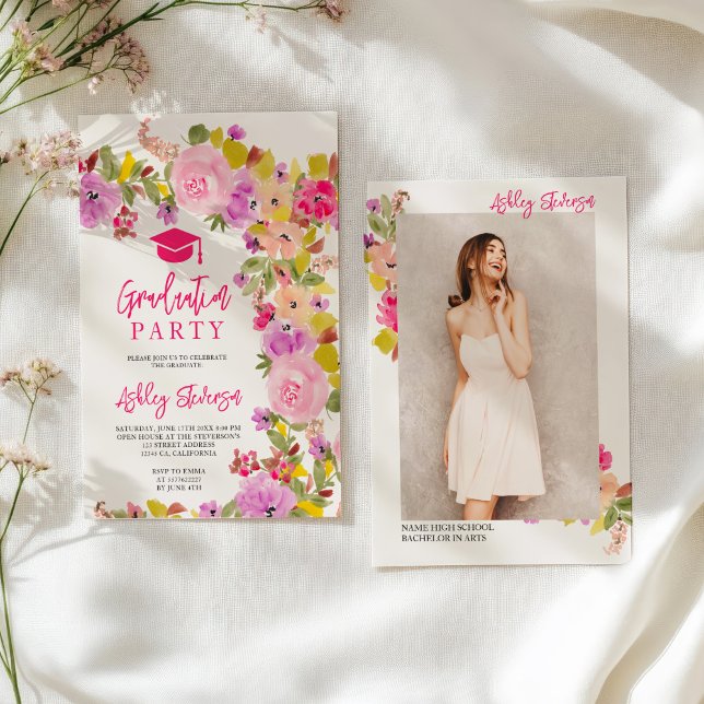 Bohemian pink roses wildflowers spring graduation announcement (Bohemian pink roses wildflowers spring graduation announcement)