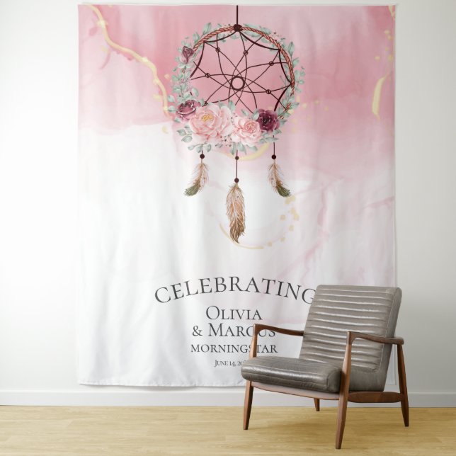 Bohemian Pink Scarlet Watercolor Dream Catcher Tapestry (In Situ)