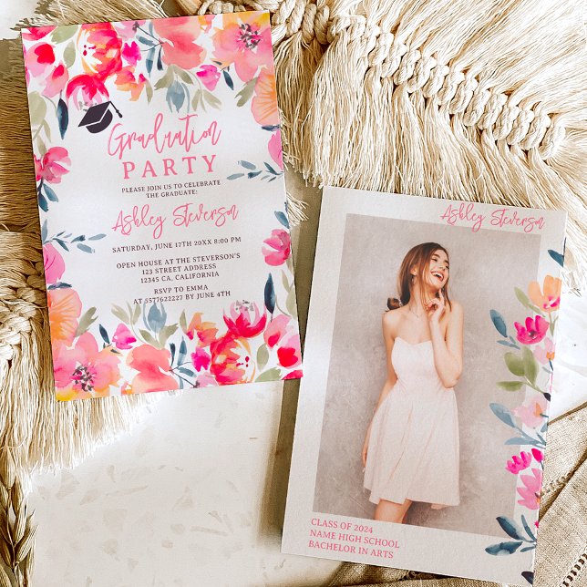 Bohemian pink watercolor flowers graduation invitation (Bohemian pink watercolor flowers graduation invitation)