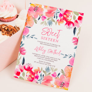 Bohemian pink watercolor flowers Sweet 16 birthday Invitation