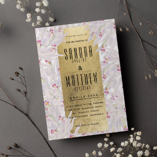 Bohemian pink white gold orchid floral Wedding Invitation