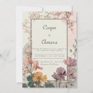 Bohemian Pressed Flower Gold Frame Autumn Wedding Invitation