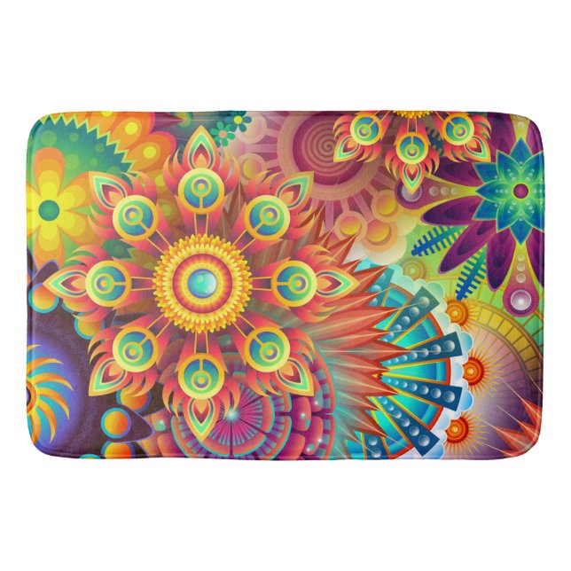 Bohemian Psychedelic Garden Retro Boho Colourful Bath Mat (Front)