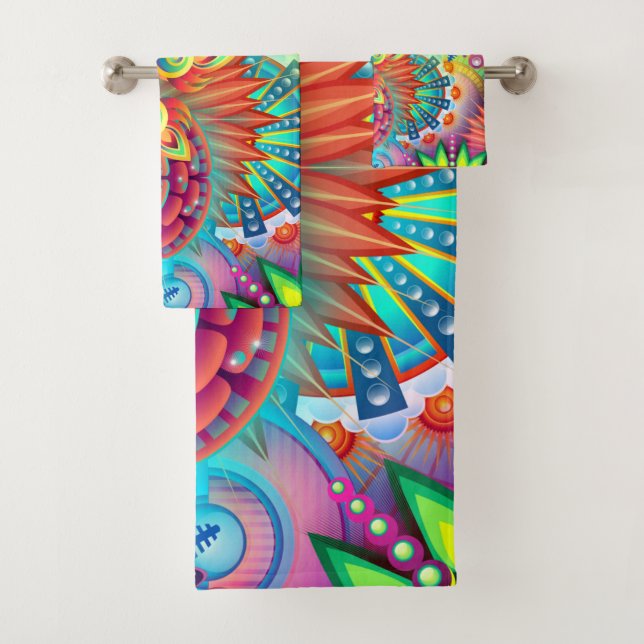 Bohemian Psychedelic Garden Retro Boho Colourful Bath Towel Set (Insitu)