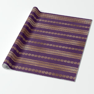 Bohemian Purple and Gold Foil Peacock Pattern Wrapping Paper