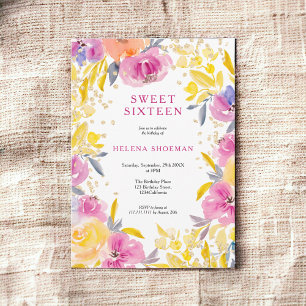 Bohemian purple gold glitter floral photo Sweet 16 Invitation