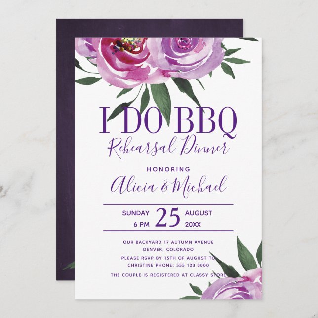 Bohemian purple i do bbq wedding rehearsal dinner invitation (Front/Back)