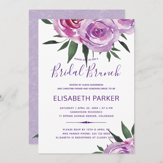 Bohemian purple mauve chic peonies bridal brunch invitation (Front/Back)