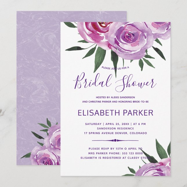 Bohemian purple mauve chic peonies bridal shower invitation (Front/Back)