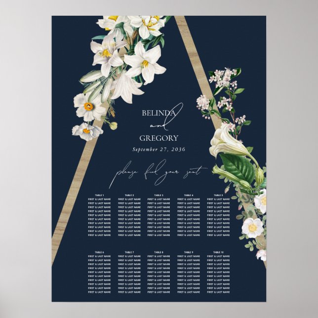 Bohemian Pyramid Floral Blue Wedding Seating Chart (Front)