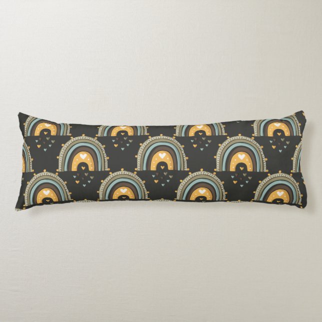 Bohemian Rainbow Pattern – Earthy Brown Background Body Cushion (Front)