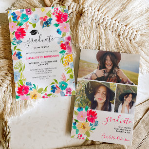 bohemian red blue floral photo graduation invitation