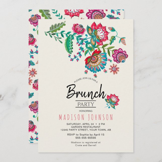 Bohemian Red Folk Flowers Brunch Party Invitation (Front/Back)