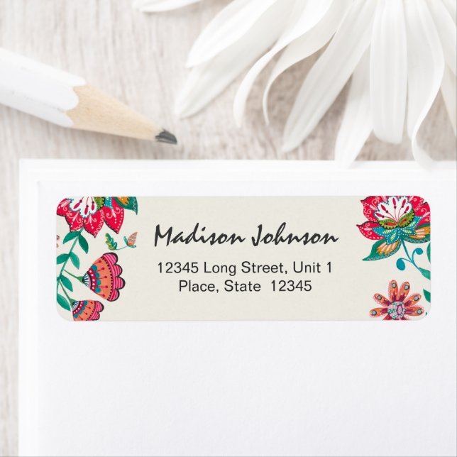 Bohemian Red Folk flowers Floral | Wedding Return Address Label (Insitu)