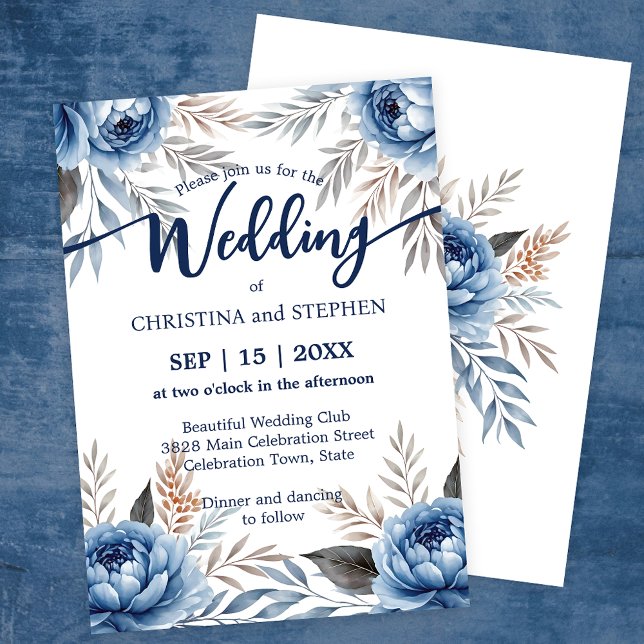 Bohemian Romantic Blue and Grey Peonies Wedding Invitation (Creator Uploaded)