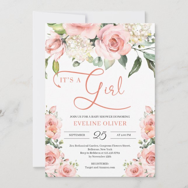 Bohemian romantic blush floral it's a girl baby invitation (Front)