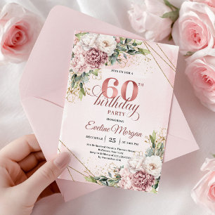 Bohemian Rose Gold Floral Greenery 60th Birthday Invitation