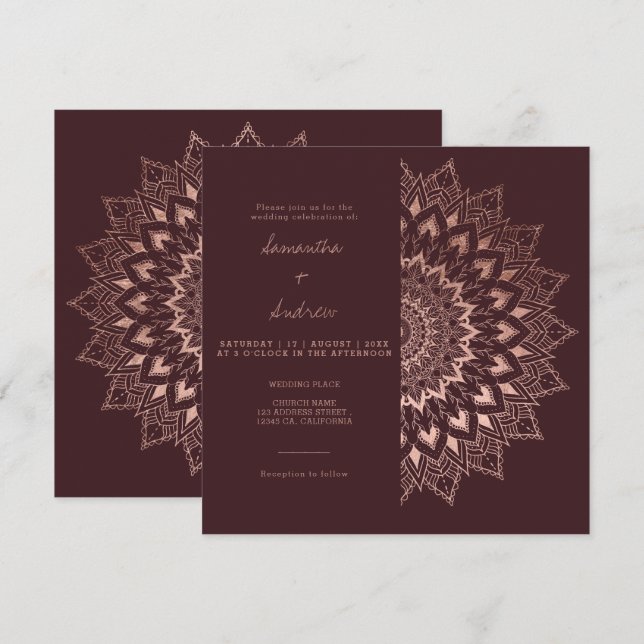 Bohemian rose gold floral mandala chic red wedding invitation (Front/Back)
