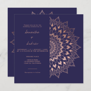 Bohemian rose gold floral mandala navy wedding invitation