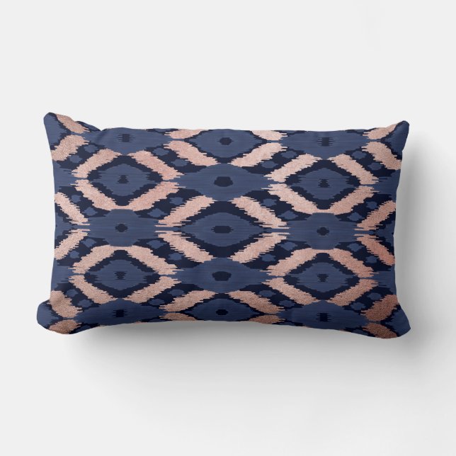 Bohemian Rose Gold Navy Blue Ikat Pattern Lumbar Cushion (Front)