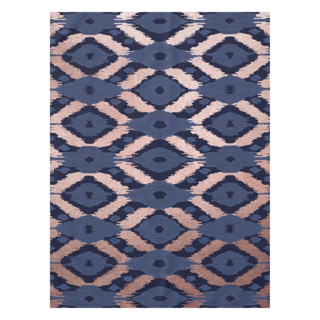 Bohemian Rose Gold Navy Blue Ikat Pattern Tablecloth (Front)