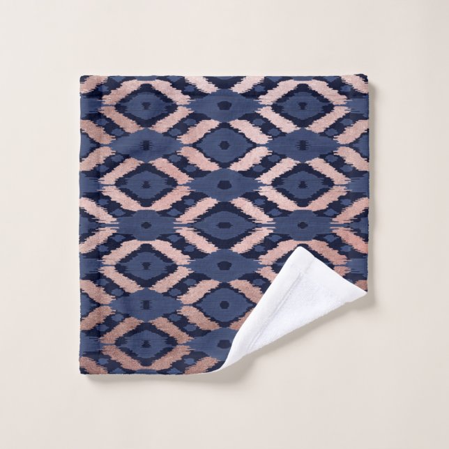 Bohemian Rose Gold Navy Blue Ikat Pattern Wash Cloth (Wash Cloth)