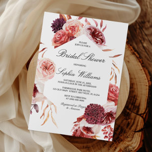 Bohemian Rose Marsala Bridal Shower Invitation