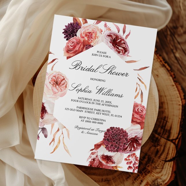 Bohemian Rose Marsala Bridal Shower Invitation (Creator Uploaded)